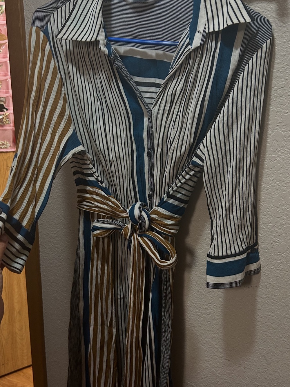Zara Striped Button-Front Tie-Waist Dress in Blue, White & Brown